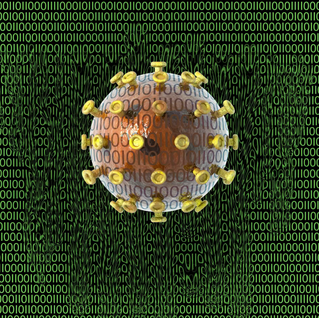 Representación artística de un virus informático como portada del episodio de A Ciencia Cierta: Las nuevas tecnologías contra la COVID-19